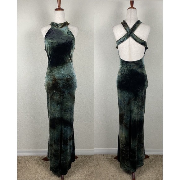 Helios Sock Hop Dresses & Skirts - Vtg Y2k Helios 2 Maxi Evening Gown Velvet Green Halter Backless Whimsigoth S 90s